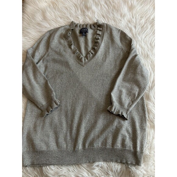 Chaps Classics Women's Plus Size 1X Gray Metallic Ruffle Collar Sweater - Picture 1 of 7